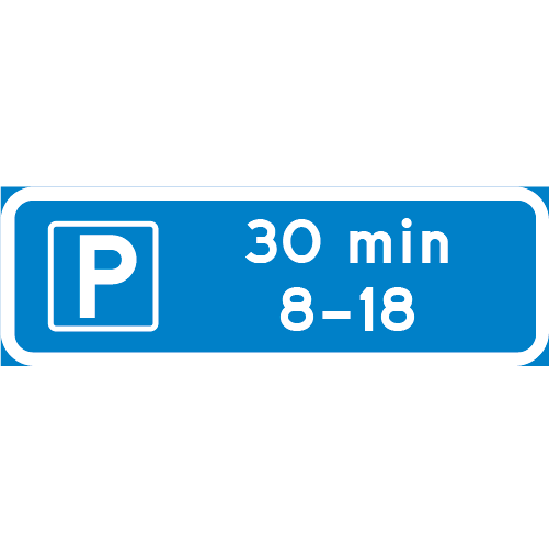 Rektangulär blå vit tilläggstavla med p -symbol samt tidsangivelser