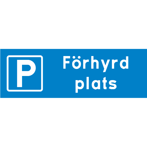 Rektangulär  blå platsnummerskylt med symbol för parkering samt texten förhyrd plat
