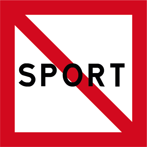 S200 Förbud mot trafik med fritidsfartyg kvadratiskt sjövägmärke med texten SPORT överstruket