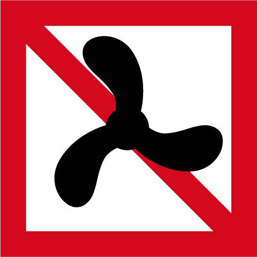 S201 Förbud mot trafik med motorbåt kvadratiskt sjövägmärke röd vit med propeller