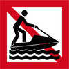S205 Förbud mot vattenskoteråkning kvadratiskt sjövägmärke röd vit med vattenskoter
