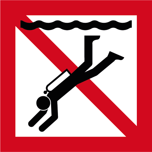 S206 Förbud mot dykning kvadratiskt sjövägmärke röd vit med dykare