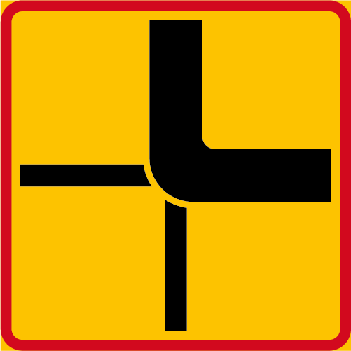 T15 Vägars fortsättning i korsning kvadratisk gul röd med större väg korsar mindre vägar
