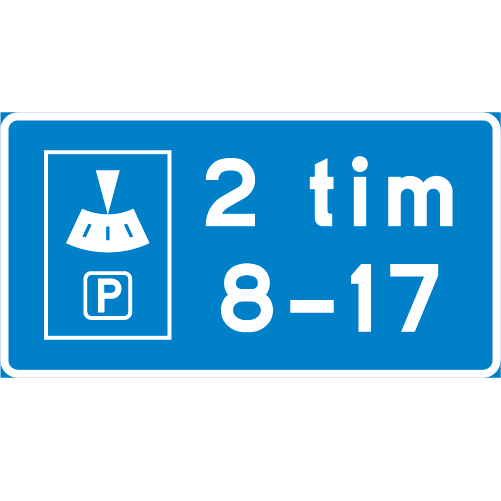 T17 Parkeringsskiva rektangulär blå vit tilläggstavla med symbol för pskiva samt text med tid