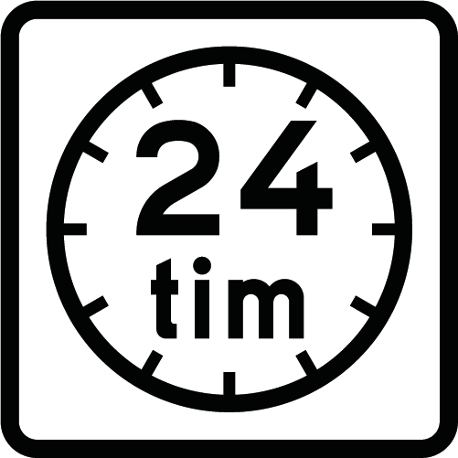 T25 Öppet dygnet runt kvadratisk vit svart med klocksymbol med text 24 tim